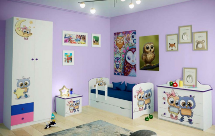 Шкаф 2-х дверный с ящиками, зеркалом и фотопечатью Совята 2.1 