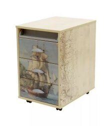 Тумба выкатная 3 ящика с рисунком цветы/фрегат